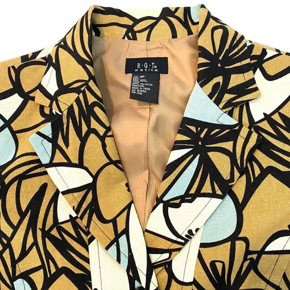 R.Q.T. OASIS Women's 8 Petite linen blend blazer blue black tan wearable art - Picture 3 of 10